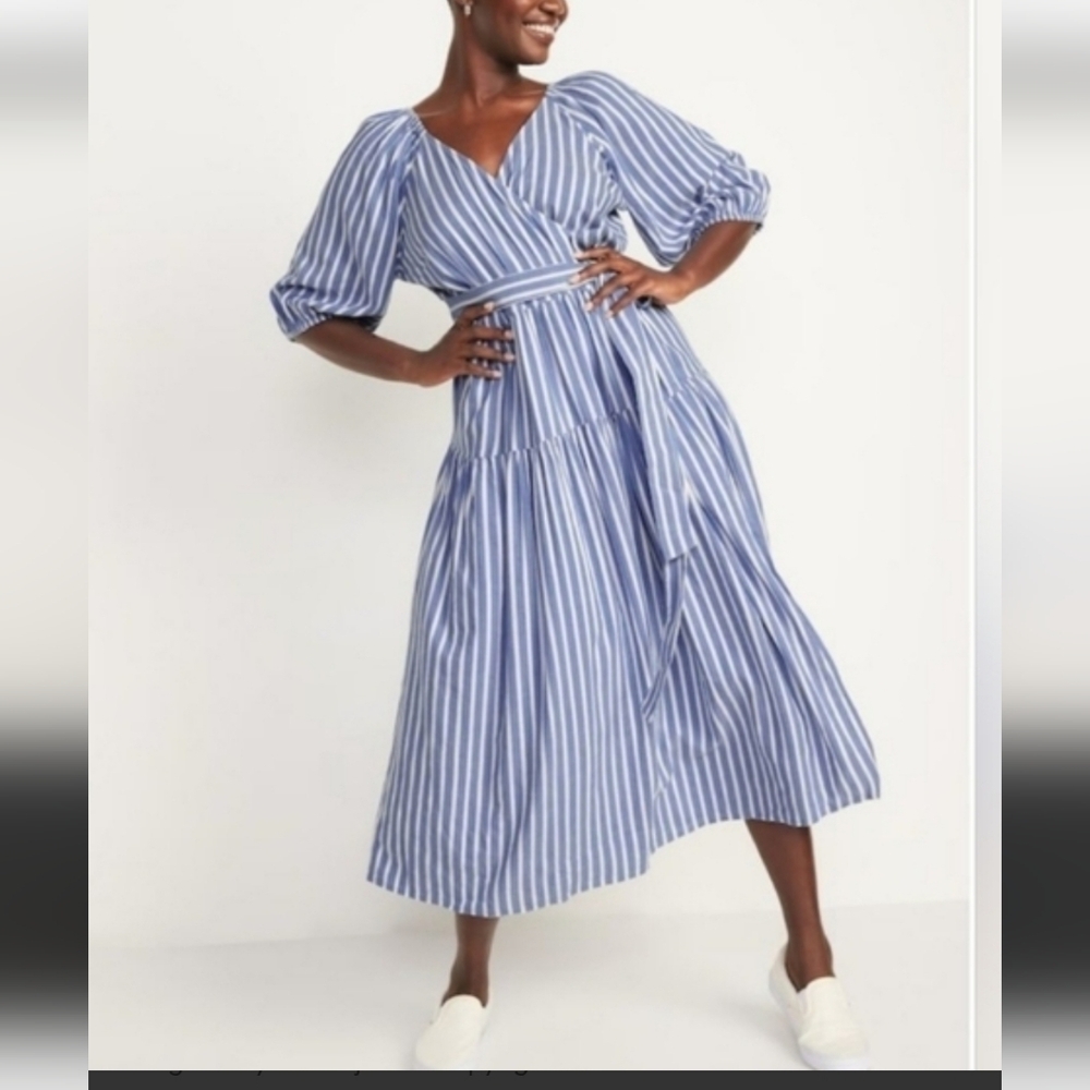 Old Navy Tall L Puffy Sleeve Stripes Jacquard TRUE WRAP Dress Smocked Back Flowy